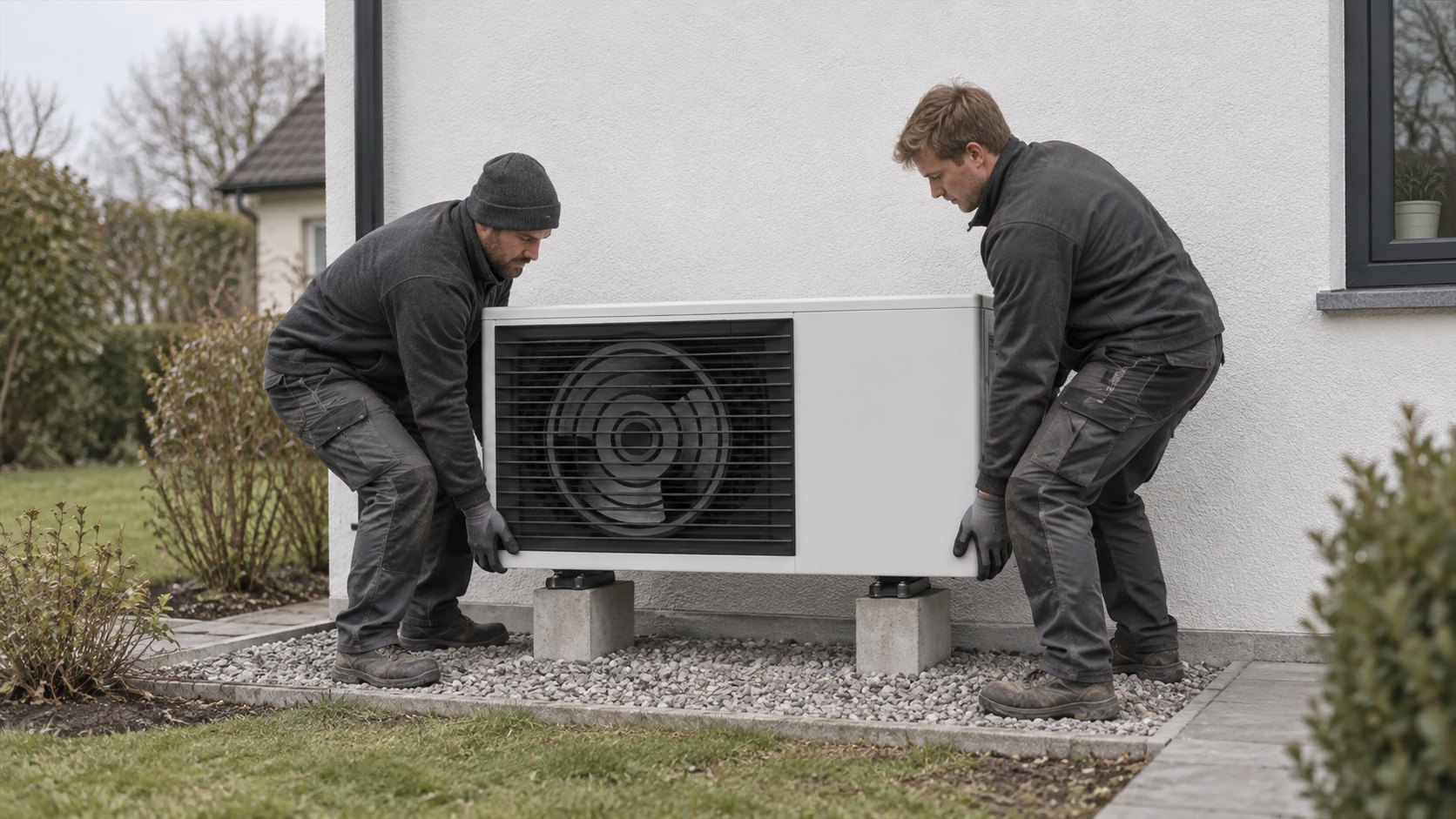 Dwóch instalatorów ustawia pompę ciepła na betonowych bloczkach przy ścianie domu